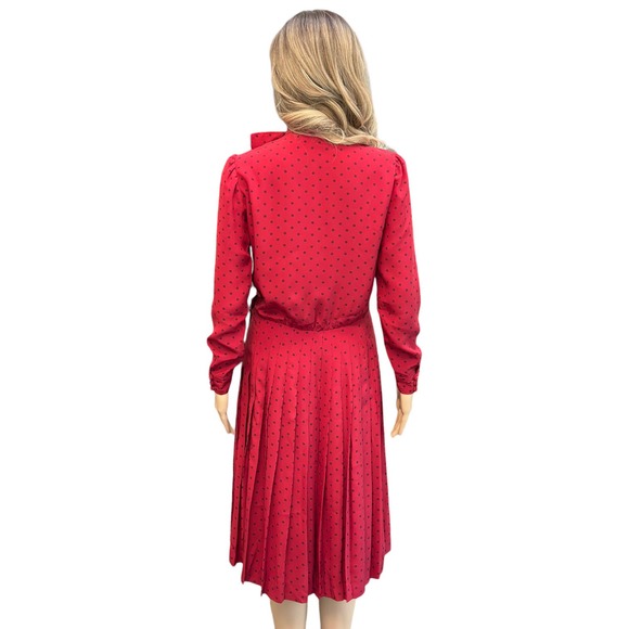SOLD Vintage 70s 80s Albert Nipon Midi Shirt Dress Red polkadot pleated small - Picture 4 of 16